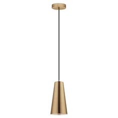 a brass colored pendant light hanging from a ceiling