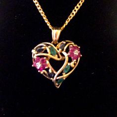 Vintage Floral Heart Pendant With Genuine Gems. Set In 10kt Yellow Gold. Measurements Approximately 1” Long With 10kt Yellow Gold 18” Triple Layer Necklace, Evening Necklace, Metal Pendant Necklace, Sapphire Diamond Pendant, Multi Gemstone Necklace, Heart Choker Necklace, Blue Choker, Heart Choker, Wood Bead Necklace