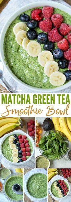 matcha green tea smoothie bowl with berries and bananas