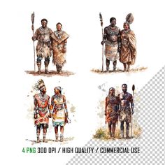 four native american people in different outfits