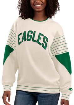 Main image for Starter Philadelphia Eagles Womens White On the Ball Crew Sweatshirt. Philadelphia Eagles Women Clothing, White Varsity Top With Ribbed Cuffs, Green Varsity Sweatshirt With Ribbed Cuffs, Collegiate Spring Tops With Ribbed Cuffs, Spring Collegiate Tops With Ribbed Cuffs, Collegiate Style Top With Ribbed Cuffs For Spring, Green College Sweatshirt With Ribbed Cuffs, White Sweatshirt With Ribbed Waistband For Spring, White College Style Tops With Ribbed Cuffs