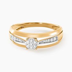 a yellow gold ring with two white diamonds on the band and a diamond set in the middle