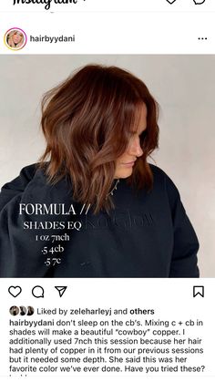 Lob Hair With Layers, Copper Brown Hair Shades Eq, Shades Eq Toner Formulas Caramel Copper, Dark Balayage Formula, Copper Toner Formula Shades Eq, Auburn Redken Formula, Redken Shades Eq Formulas Copper Brown, Mahogany Hair Color Formula, Mocha Brown Hair Formula