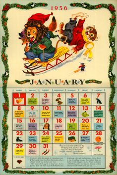 an old calendar with children's pictures and numbers on the front, including one for january