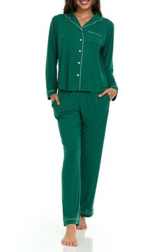 A matching pajama set crafted from a luxurious satiny knit ensures even your bedtime wardrobe is chic! 29" inseam (size Small) Two-piece set Top has front button closure 62% polyester, 33% rayon, 5% spandex Machine wash, tumble dry Imported Model stats: 5'10" height, 32" bust, 25" waist, 36" hip. Model is wearing size Small. Green Long Sleeve Bedtime Sets, Green Matching Set Sleepwear For Loungewear, Green Matching Set Sleepwear, Green Sleepwear Long Pants For Sleepover, Green Relaxed Fit Loungewear Sets, Green Relaxed Fit Lounging Sets, Green Sleepwear Sets With Long Pants, Green Pajama Party Sets With Long Pants, Green Long Pants Sleepwear For Lounging