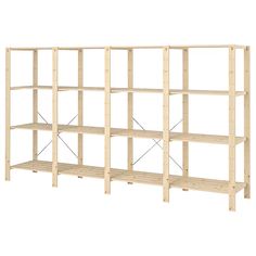 three wooden shelving units, one with four shelves and the other has no doors