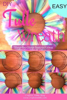 the instructions for how to make an easy diy tulle wreath with colorful feathers