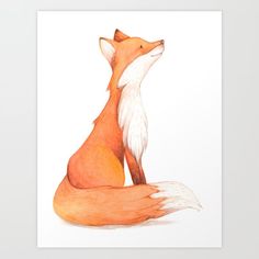 a watercolor painting of a red fox sitting on the ground with its eyes closed