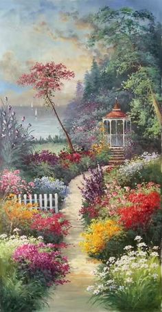 a painting of a garden with flowers and a gazebo