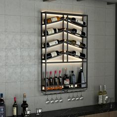 a wall mounted wine rack filled with bottles