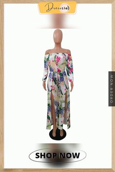 Summer Sexy Split Boho Beach Off Shoulder Long Sleeve Vintage Floral Printed Women Jumpsuit Summer Off-shoulder Floral Jumpsuits And Rompers, Beachwear One-piece Jumpsuits And Rompers For Vacation, Beachwear Jumpsuit For Vacation, Beachy Jumpsuits And Rompers For Beach Vacation, One-piece Jumpsuits For Beach Vacation, Spring Party Swimwear With Tropical Print, White Floral Print Jumpsuits For Beach Season, White Floral Print Jumpsuits And Rompers For Beach Season, Tropical Print Swimwear For Spring Day Out