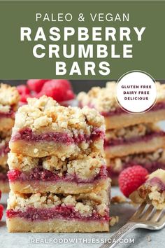 raspberry crumble bars stacked on top of each other with the words paleo and vegan