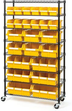 a black rack with yellow bins on it