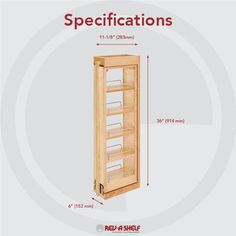 an image of a wooden cabinet with measurements for the door and shelves on each side