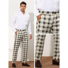 The plaid pants feature a color block design, with zipper button closure and front pockets, a must-have in your daily wardrobe. You can match the checked pants with a t-shirt, dress shirt, or formal blazer to make a casual or business look. These straight-fit pants are perfect for many occasions, such as celebrations, work, dating, meetings, festivals, etc. Business Casual Plaid Cotton Pants, Business Casual Plaid Cotton Bottoms, Plaid Cotton Bottoms For Business Casual, Patterned Suit, Formal Dress Pants, Slim Suit Pants, Front Zipper Dress, Checked Pants, Plaid Dress Pants