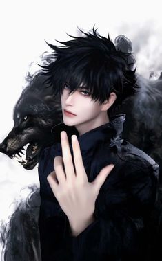 a man with black hair and an evil look on his face, standing in front of a wolf