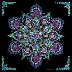 an intricate design on a black background with blue and purple circles in the center, surrounded by bubbles