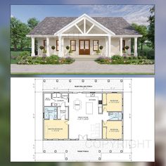 the floor plan for this small house is shown in two different colors and features an attached porch