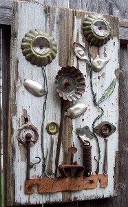 an old door is decorated with gears and other things to make it look like they are made out of wood