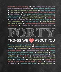 the words forty things we love about you written in chalk on a blackboard with hearts