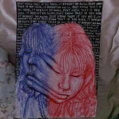 a drawing of two women with their faces painted red, white and blue