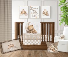 a baby crib with teddy bears and pictures on the wall