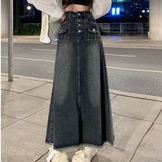 Flare Denim Skirt, Cotton Grunge Denim Skirt, Trendy Full-length Dark Wash Denim Skirt, Casual Baggy Full-length Denim Skirt, Full-length Denim Blue Skirt With Frayed Hem, Flared Denim Skirt, Full-length Cotton Denim Skirt With Frayed Hem, Skirt Casual, Denim Jean Skirt