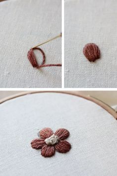 two pictures show how to make a flower with yarn and thread on the table top