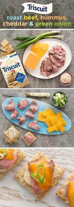 this is an image of sandwiches with cheese and meats on them, along with crackers