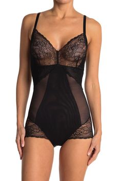 Power mesh with targeted front panel to smooth and flatten your tummy with 100% nylon sexy lace trim detail.Step into shapewear closureHOOKED ON LACE: Mesh bodysuit with beautiful stretch lace at bust and leg openings for that extra feminine touch that will make you feel good and look goodSCULPTING: The power mesh has a targeted tummy panel to help keep you flat. Sculpting of your body will make you will look great and feel confidentFLEXIBLE: Multi-position shoulder straps give you different way Lace Shapewear Bodysuit With Lined Body, Lace Shapewear Bodysuit Fitted, Fitted Lace Shapewear Bodysuit, Elegant Underwire Bodysuit With Lace Trim, Elegant Fitted Shapewear With Lace Trim, Elegant Shapewear With Lace Trim, Elegant Nylon Bodysuit With Medium Bust Support, Elegant Black Bodysuit With Lace Closure, Elegant Fitted Lace Shapewear