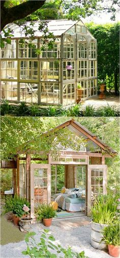 an old greenhouse is transformed into a garden shed