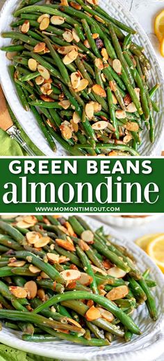 green beans and almonds in a white bowl on a table with lemon slices,