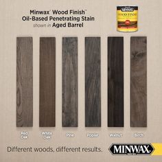 minwax wood finish oil - based penetrating stain shown in aged barrel, red oak, white oak, and black oak