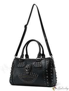 BirdinBag - Black Skull Handbag - Spacious PU Tote with Ample Capacity Black Punk Style Tote Shoulder Bag, Edgy Black Bag With Adjustable Strap, Black Punk Bag With Adjustable Strap, Black Punk Tote Bag, Black Punk Style Tote Bag, Edgy Black Bag For Daily Use, Edgy Large Capacity Bags For Daily Use, Punk Satchel Bag With Adjustable Strap, Punk Crossbody Bag With Gunmetal Hardware