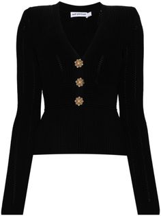 black knitted construction pointelle knit V-neck shoulder pads long sleeves faux-pearl buttons fitted waistline flared hem front button placket Elegant Long Sleeve Sweater With Buttons, Designer Long Sleeve Sweater With Buttons, Elegant V-neck Sweater For Work, Elegant Long Sleeve Knit Top, Elegant V-neck Sweater For Spring, Elegant Pointelle Knit Top For Winter, Designer V-neck Tops For Fall, Designer Sweater With Buttons, Elegant Long Sleeve Knit Top For Workwear