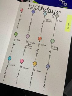 a spiral notebook with birthdays written on it and lots of balloons attached to the pages