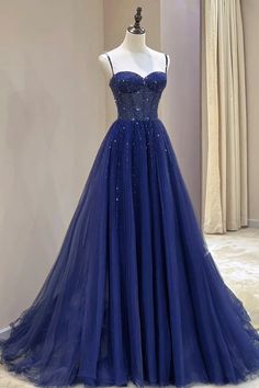 Navy Blue Sweetheart Neck Beaded Tulle Long Prom Dresses, Navy Blue Se – Lwt Dress Prom Dresses Navy Blue, Prom Dresses Navy, Formal Dress Blue, Dress With Corset, Long Formal Dress, A Line Evening Dress, Stunning Prom Dresses, Sequin Formal Dress, Blue Dress Formal