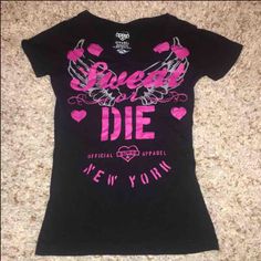 Black And Pink With V Neck, Brand New Condition Only Worn 2-3 Times. Edgy Pink Tops With Letter Print, Edgy Pink Crew Neck Top, Workout Tshirts, Black And Pink, Pink Black, Pink Ladies, Colorful Shirts, Black Pink, Womens Tops