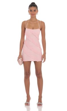 Mesh Ruffle Dress in Pink | LUCY IN THE SKY Fitted Ruffle Dress With Strappy Back, Fitted Dress With Ruffles And Strappy Back, Fitted Mini Dress With Adjustable Ruffled Straps, Spring Mini Dress With Ruffles And Strappy Back, Fitted Mini Dress With Delicate Strappy Back, Spring Ruffled Suspender Dress For Night Out, Spring Mini Dress With Delicate Straps For Night Out, Fitted Mini Suspender Dress With Delicate Straps, Chic Fitted Suspender Dress With Strappy Back