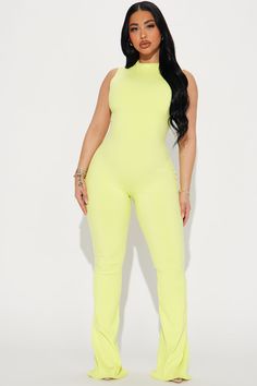 Available In Citron And Off White. Sleeveless Jumpsuit High Neck Back Zipper Compression Ribbed Stretch 86% Rayon 14% Spandex Imported | Amber Snatched Flare Jumpsuit in Citron size Large by Fashion Nova Fitted Yellow Jumpsuits And Rompers, Yellow Fitted Jumpsuit Romper Overall, White High-stretch Jumpsuits And Rompers For Loungewear, Sporty High-stretch White Jumpsuit/romper, White Sleeveless Jumpsuit, Glam Closet, Fashion Nova Jumpsuits & Rompers, Fashion Nova Jumpsuit, Flare Jumpsuit