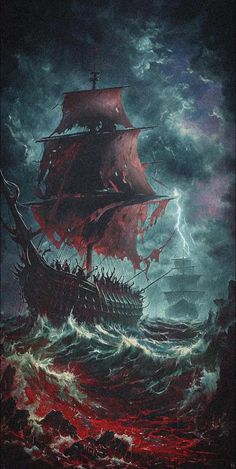 a painting of a ship in the middle of a stormy sea with lightning behind it