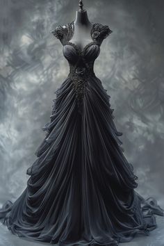 Black And Dark Green Wedding Dress, Black Victorian Dress Aesthetic, Black Ball Gown Prom Dresses, Dark Fantasy Dress, Dark Fantasy Gown, Goth Ball Gown, Formal Goth