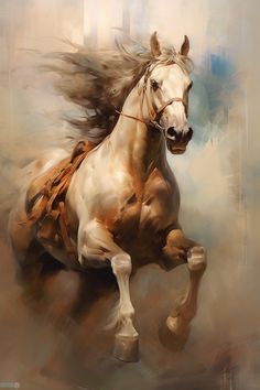 a painting of a horse running with its hair blowing in the wind