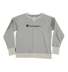 Women's Champion Crew Neck Sweatshirt Logo Long Sleeve Pullerover Size M. Classic Cotton Sweater With Logo Print, Classic Crew Neck Sweatshirt With Letter Print, Classic Crew Neck Tops With Letter Print, Vintage Gray Tops With Logo Print, Vintage Long Sleeve Top With Logo Print, Classic Cotton Sweatshirt With Letter Print, Vintage Crew Neck Sweatshirt With Embroidered Logo, Vintage Crew Neck Top With Embroidered Logo, Vintage Embroidered Logo Crew Neck Top