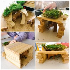 four pictures of different stages of building a table with plants growing out of the top