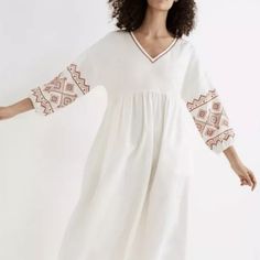 Madewell White Medium Weight Bohemian,Peasant, Hippie Vibe Embroidered Red Design, Balloon Sleeves,No Stretch Midi Summer Vacation Beach Dress..Size Medium Somewhat Oversized ...Unlined..Nwt Ptp 22' Inch Length 45' Inch Design Balloon, White Tshirt Dress, Boho Beach Dress, Midi Shift Dress, Midi Wrap Dress, Midi Slip Dress, Wrap Midi Dress, Tiered Midi Dress, Cotton Midi Dress