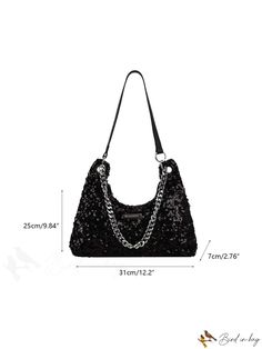 BirdinBag - Medium Sequin Decor Hobo Bag with Zipper Closure for Effortless Glam Sequin Decor, Bag With Zipper, Word Wrap, Chain Bag, Chain Bags, Hobo Bag, Evening Bags, Black Silver, 4 Inch