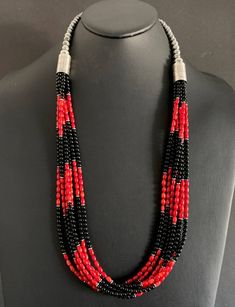 Sterling Silver Multi Strand Black Onyx with Coral Bead Necklace. 31.5 Inch Best Offers Accepted! Traditional Black Necklace With Round Beads, Traditional Black Necklace With Polished Beads, Traditional Black Necklace With Black Beads, Traditional Black Round Beads Necklace, Traditional Black Necklaces With Large Beads, Traditional Black Beads With Large Beads, Traditional Black Onyx Necklace, Traditional Black Hand-strung Jewelry, Traditional Large Black Beads