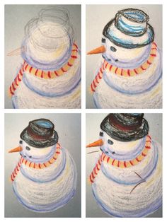 four pictures of a snowman wearing a hat and scarf