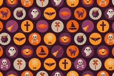 halloween seamless pattern with skulls and bats in circles on purple background for wallpaper